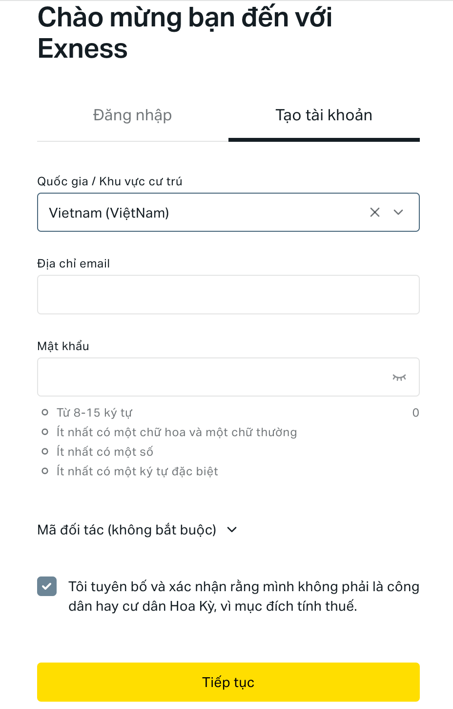 Nhập thông tin Đăng ký tài khoản Exness