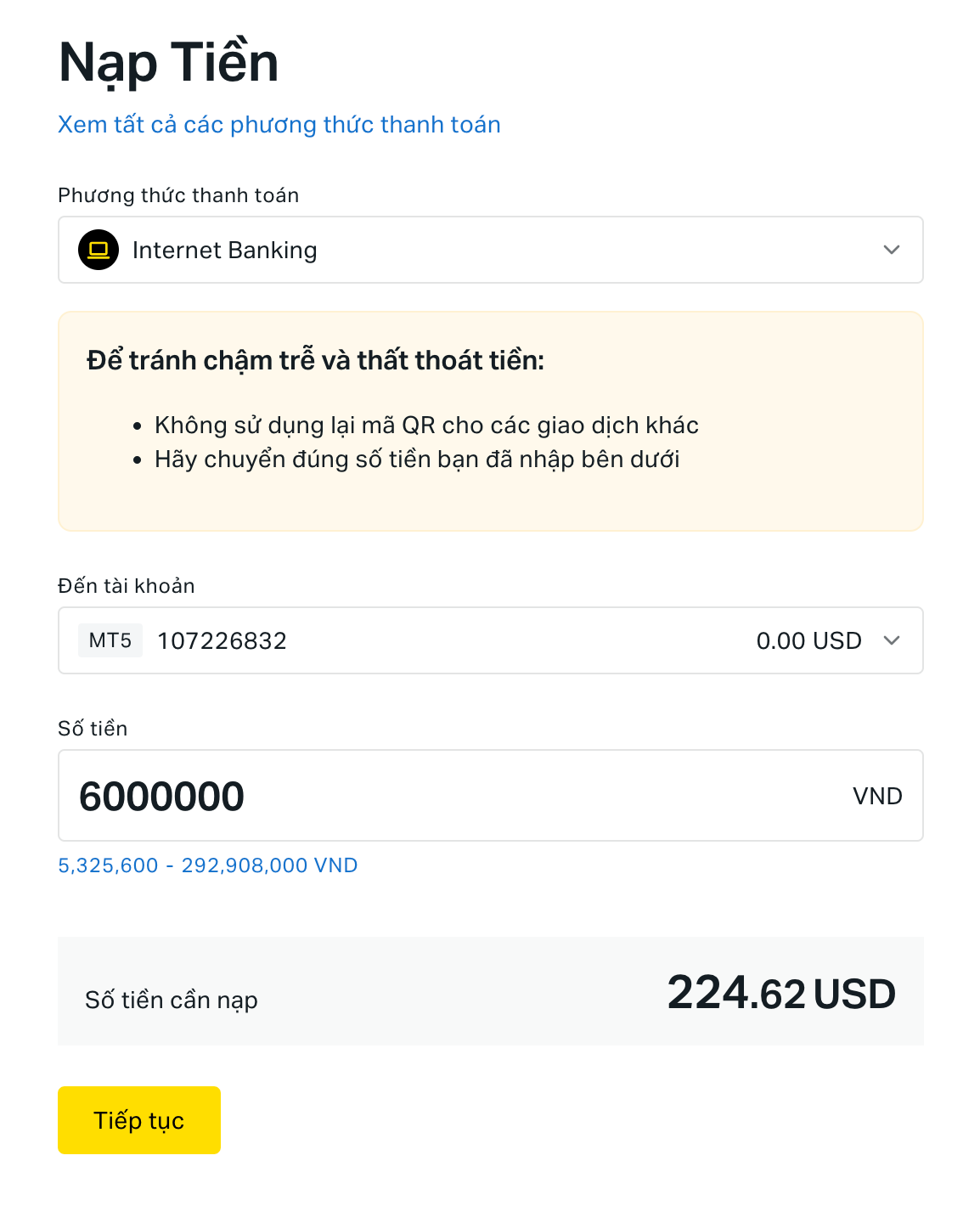 Các bước nạp tiền Exness chi tiết từng bước